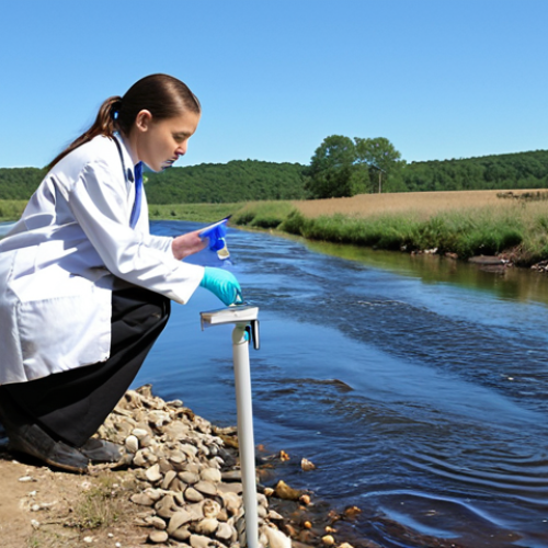 Home 11 **Image Prompt:** A person in a lab coat taking a water sample from a flowing river, with modern testing equipment visible in the background. Focus on illustrating the importance of environmental analysis and measurement in identifying pollution. Show the water reflecting a clear blue sky, contrasting with the data showing high nitrate levels.