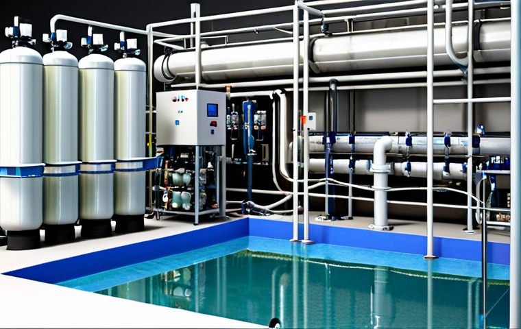 **
A modern water treatment plant with advanced membrane filter technology. Show clear water flowing from the filters and a control panel displaying reduced energy consumption (30% less). The scene should convey innovation and efficiency in water purification. Consider adding a technician inspecting the equipment.
**