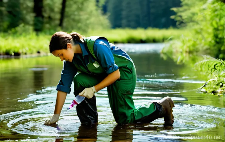 환경보전기술자 이론과 실기의 균형 - **Image Prompt 1: Fieldwork - Water Quality Assessment in a Natural Setting**
    "A confident femal...