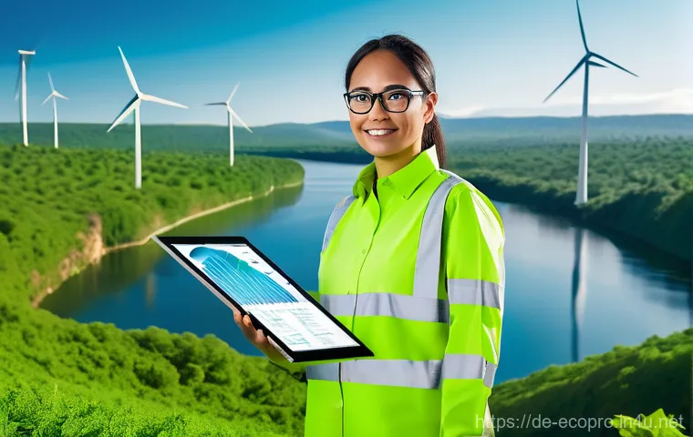 환경보전기술자 관련 법규와 제도 - **Prompt:** A professional environmental protection technician, a man or woman in their 30s, dressed...
