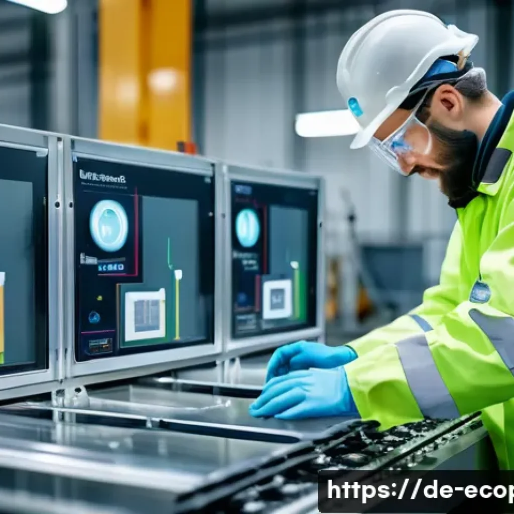 환경보전기술자 직무 분석 - A detailed industrial scene inside a modern German factory focused on environmental technology: engi...