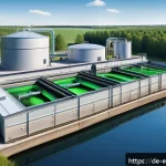 환경보전기술자 필기시험 과목 분석 - A detailed cross-sectional illustration of a modern wastewater treatment plant in Germany, showing m...
