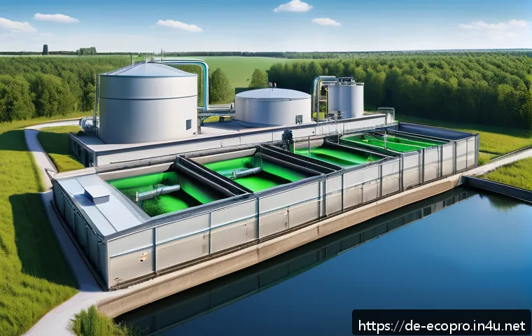 환경보전기술자 필기시험 과목 분석 - A detailed cross-sectional illustration of a modern wastewater treatment plant in Germany, showing m...