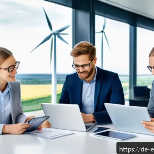 환경보전기술자 이직 전략 - A modern German environmental engineer team in a bright office discussing renewable energy projects,...
