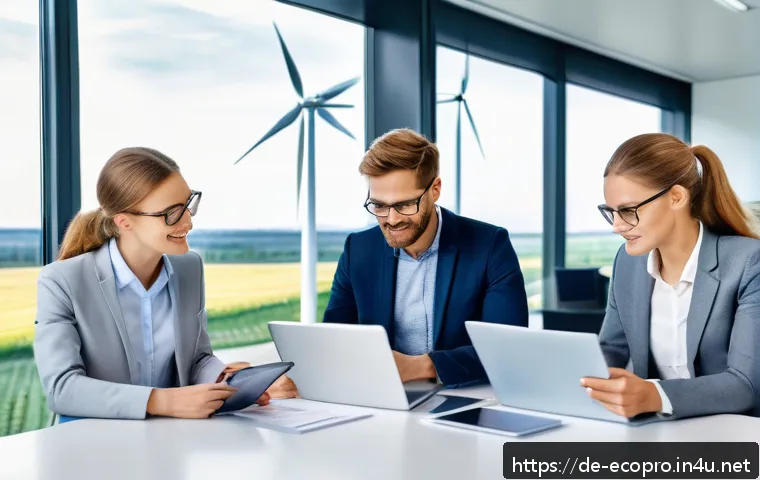 환경보전기술자 이직 전략 - A modern German environmental engineer team in a bright office discussing renewable energy projects,...