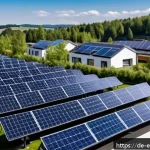 환경보전기술자 직무 수행의 핵심 - A modern German residential neighborhood showcasing rooftop solar panels and small wind turbines int...