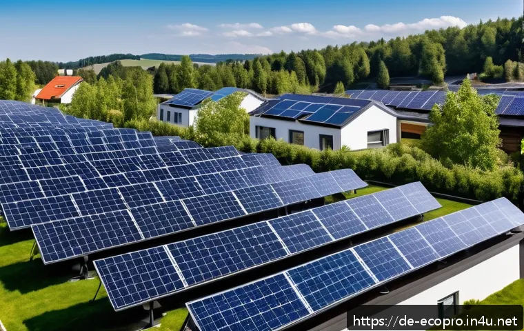 환경보전기술자 직무 수행의 핵심 - A modern German residential neighborhood showcasing rooftop solar panels and small wind turbines int...